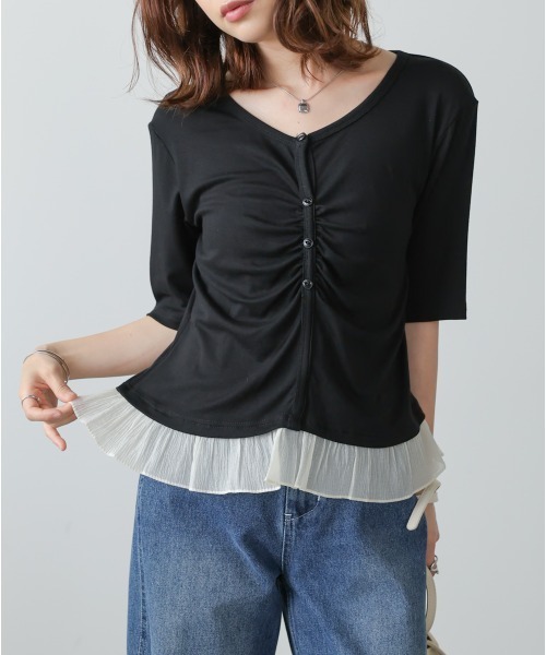 Bab(バブ)の「裾フリルヘンリーネック半袖カットソー(Tシャツ/カットソー・レディース・チャコールグレー/ブラック/アイボリー・FREE)」の21枚目の写真
