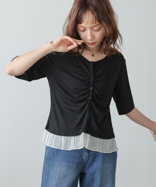 Bab(バブ)の「裾フリルヘンリーネック半袖カットソー(Tシャツ/カットソー・レディース・チャコールグレー/ブラック/アイボリー・FREE)」の22枚目の写真