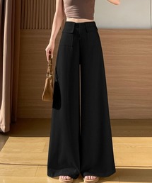 ベルト付き リネン混 ハイウエスト ワイドパンツ