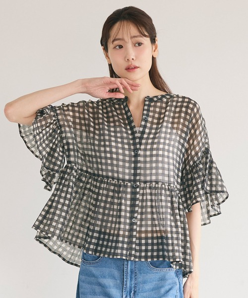 coca(coca)(コカ)の「シアーチェックペプラムブラウス(シャツ/ブラウス・レディース・B/A・L/M/S)」の2枚目の写真