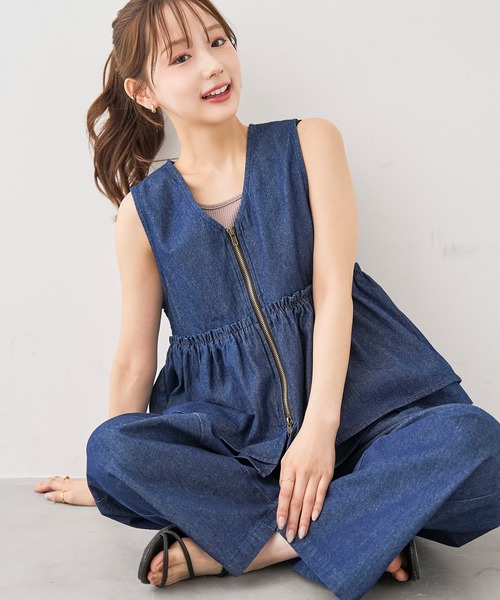 mil(ミル)の「ライトデニム Wジップ ペプラムジレ/セットアップ対応【588209】(ベスト・レディース・インディゴブルー/ブラック・XS/S)」の15枚目の写真