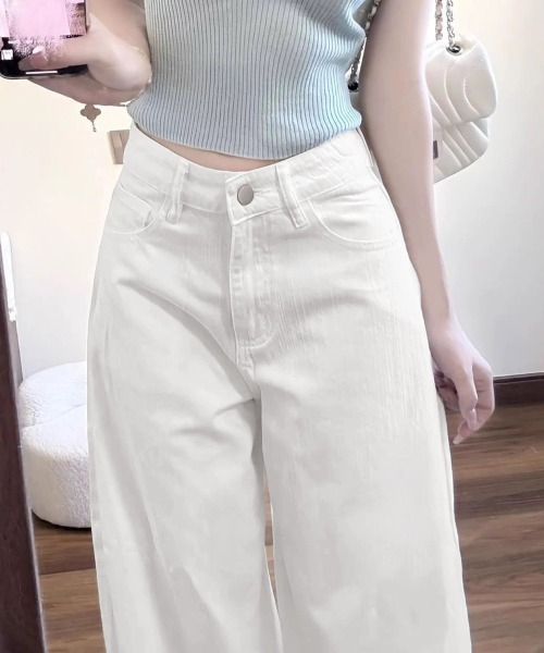 Miniministore（ミニミニストア）の「ハイウエストワイドストレートパンツ韓国風（デニムパンツ・レディース・ホワイト・M/S/L）」の5枚目の写真