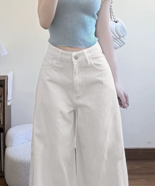 Miniministore（ミニミニストア）の「ハイウエストワイドストレートパンツ韓国風（デニムパンツ・レディース・ホワイト・M/S/L）」の6枚目の写真