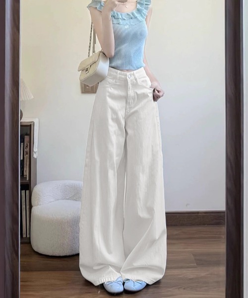 Miniministore（ミニミニストア）の「ハイウエストワイドストレートパンツ韓国風（デニムパンツ・レディース・ホワイト・M/S/L）」の7枚目の写真