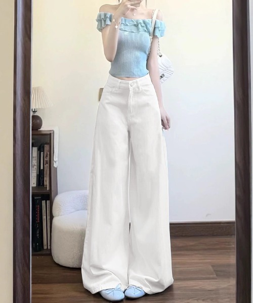Miniministore（ミニミニストア）の「ハイウエストワイドストレートパンツ韓国風（デニムパンツ・レディース・ホワイト・M/S/L）」の8枚目の写真