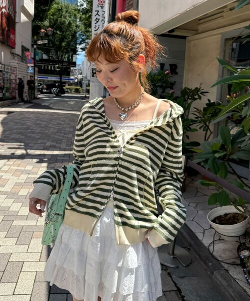 CIAOPANIC(チャオパニック)の「透かし編み星チャームダブルジップニットパーカー(パーカー・レディース・イエロー/ピンク/グレー/サックスブルー/アイボリー・ONE SIZE)」の12枚目の写真