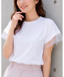 袖フリルで華やぐ シアー切り替え半袖Tシャツ