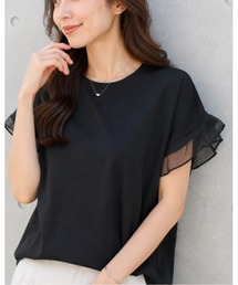袖フリルで華やぐ シアー切り替え半袖Tシャツ
