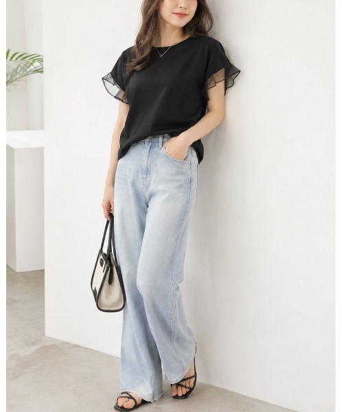 FAZVY（ファズビー）の「袖フリルで華やぐ シアー切り替え半袖Tシャツ（シャツ/ブラウス・レディース・ホワイト/ブラック・M）」の10枚目の写真