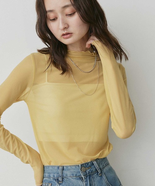 ad thie(アドティエ)の「プチハイネック シアー トップス(Tシャツ/カットソー・レディース・オフホワイト/チャコール/ブラック/ピンク/ブラウン/イエロー・LARGE/MEDIUM)」の1枚目の写真