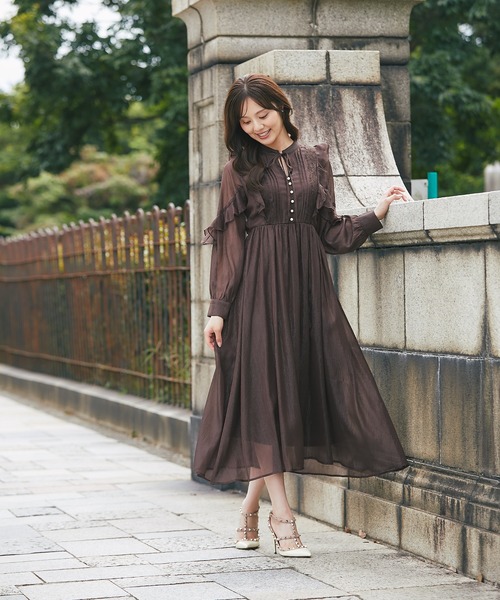 tocco closet(トッコ クローゼット)の「リボン付きフリルレースピンタックラメシアーワンピース(ワンピース・レディース・ブラウン/ラベンダー・M)」の3枚目の写真