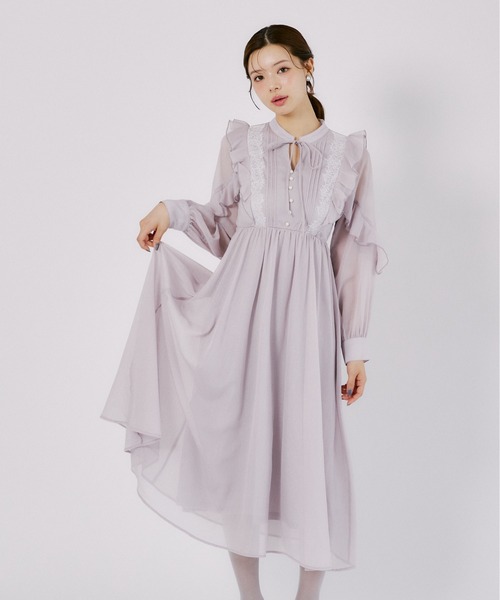 tocco closet(トッコ クローゼット)の「リボン付きフリルレースピンタックラメシアーワンピース(ワンピース・レディース・ブラウン/ラベンダー・M)」の15枚目の写真