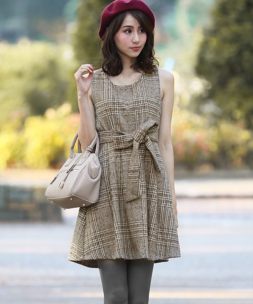 Clear クリア の 起毛グレンチェック柄フロントリボンワンピース オケージョン 結婚式や二次会 デートにおすすめ ワンピース Wear