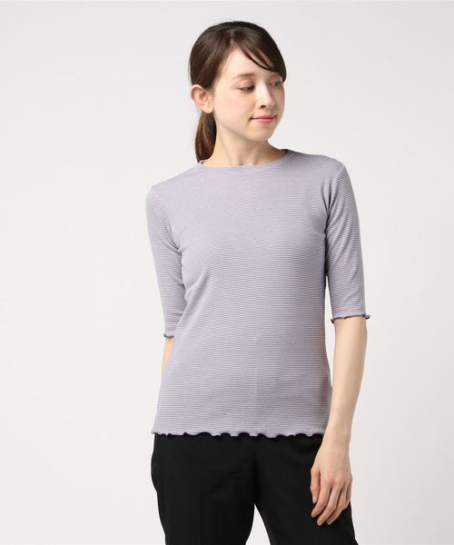 STYLEBLOCK（スタイルブロック）の「先染めボーダーリブトップス（Tシャツ/カットソー・レディース・ホワイト/パープル/グリーン/ネイビー・M）」の4枚目の写真