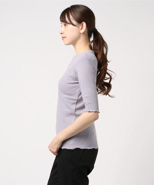 STYLEBLOCK（スタイルブロック）の「先染めボーダーリブトップス（Tシャツ/カットソー・レディース・ホワイト/パープル/グリーン/ネイビー・M）」の5枚目の写真