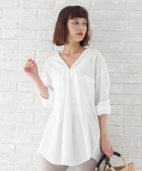 Munich（ミューニック）の「リヨセルコットンブロード　ノーカラーシャツブラウス（シャツ/ブラウス・レディース・ホワイト/ベージュ/カーキ/ホワイト×ブルー/ネイビー×ホワイト・FREE）」の2枚目の写真