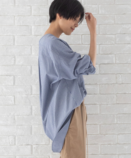 Munich（ミューニック）の「リヨセルコットンブロード　ノーカラーシャツブラウス（シャツ/ブラウス・レディース・ホワイト/ベージュ/カーキ/ホワイト×ブルー/ネイビー×ホワイト・FREE）」の5枚目の写真