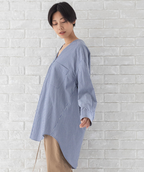 Munich（ミューニック）の「リヨセルコットンブロード　ノーカラーシャツブラウス（シャツ/ブラウス・レディース・ホワイト/ベージュ/カーキ/ホワイト×ブルー/ネイビー×ホワイト・FREE）」の8枚目の写真