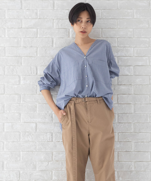 Munich（ミューニック）の「リヨセルコットンブロード　ノーカラーシャツブラウス（シャツ/ブラウス・レディース・ホワイト/ベージュ/カーキ/ホワイト×ブルー/ネイビー×ホワイト・FREE）」の13枚目の写真