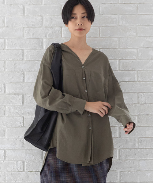 Munich（ミューニック）の「リヨセルコットンブロード　ノーカラーシャツブラウス（シャツ/ブラウス・レディース・ホワイト/ベージュ/カーキ/ホワイト×ブルー/ネイビー×ホワイト・FREE）」の17枚目の写真