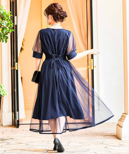 Fashion Letter（ファッションレター）の「バックレースアップ結婚式ワンピースドレス（ドレス・レディース・ネイビー/ブルーグリーン/ピンク/サックスブルー・M/L）」の2枚目の写真