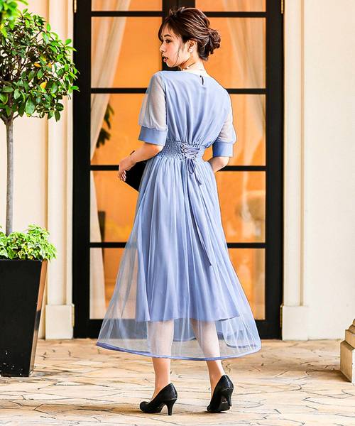 Fashion Letter（ファッションレター）の「バックレースアップ結婚式ワンピースドレス（ドレス・レディース・ネイビー/ブルーグリーン/ピンク/サックスブルー・M/L）」の3枚目の写真