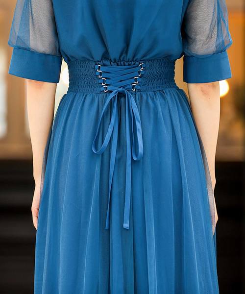 Fashion Letter（ファッションレター）の「バックレースアップ結婚式ワンピースドレス（ドレス・レディース・ネイビー/ブルーグリーン/ピンク/サックスブルー・M/L）」の16枚目の写真