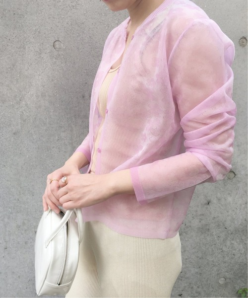 ALEXACHUNG シアーフラワーニットカーディガンピンク アレクサ
