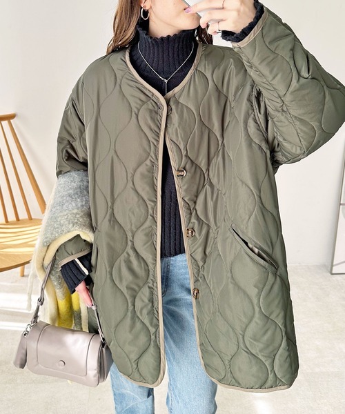 GeeRA(ジーラ)の「ビッグシルエットキルトコート(ミリタリージャケット・レディース・ブラック/カーキ/アイボリー/ブラウン・SMALL/MEDIUM/LARGE/X-LARGE/XX-LARGE)」の2枚目の写真