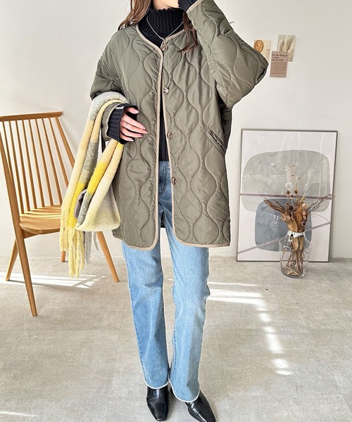 GeeRA(ジーラ)の「ビッグシルエットキルトコート(ミリタリージャケット・レディース・ブラック/カーキ/アイボリー/ブラウン・SMALL/MEDIUM/LARGE/X-LARGE/XX-LARGE)」の14枚目の写真