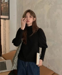 ハイネックパフスリーブ起毛カットソー