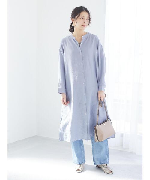 Green　Parks（グリーンパークス）の「バンドカラーシャツワンピース＊（シャツワンピース・レディース・ブラック/サックスブルー/オフホワイト・FREE）」の6枚目の写真