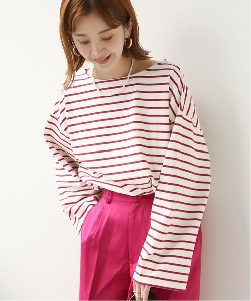 Simplicite（サンプリシテ）の「バスクボーダースリットプルオーバー（Tシャツ/カットソー・レディース・ブラック/ピンク・FREE）」の2枚目の写真