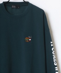 Pizza & Hamburger 別注 裏起毛 ビッグシルエット ワンポイント 刺繍 袖プリント スウェット トレーナー