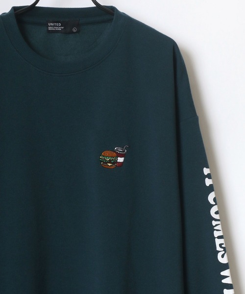 Lazar(ラザル)の「Pizza & Hamburger 別注 裏起毛 ビッグシルエット ワンポイント 刺繍 袖プリント スウェット トレーナー(スウェット・メンズ・ホワイト/ブラック/ベージュ/ブルー/グリーン/ホワイト系その他/ブラック系その他/ブルーグリーン・LL/M/L)」の8枚目の写真