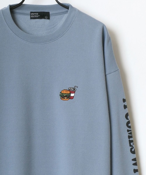 Lazar(ラザル)の「Pizza & Hamburger 別注 裏起毛 ビッグシルエット ワンポイント 刺繍 袖プリント スウェット トレーナー(スウェット・メンズ・ホワイト/ブラック/ベージュ/ブルー/グリーン/ホワイト系その他/ブラック系その他/ブルーグリーン・LL/M/L)」の7枚目の写真