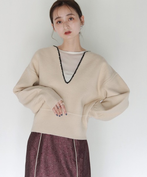 CLEIO（クレイオ）の「【CLEIO】Uネックステッチニット（ニット/セーター・レディース・ブラック/アイボリー/テラコッタ・FREE）」の8枚目の写真