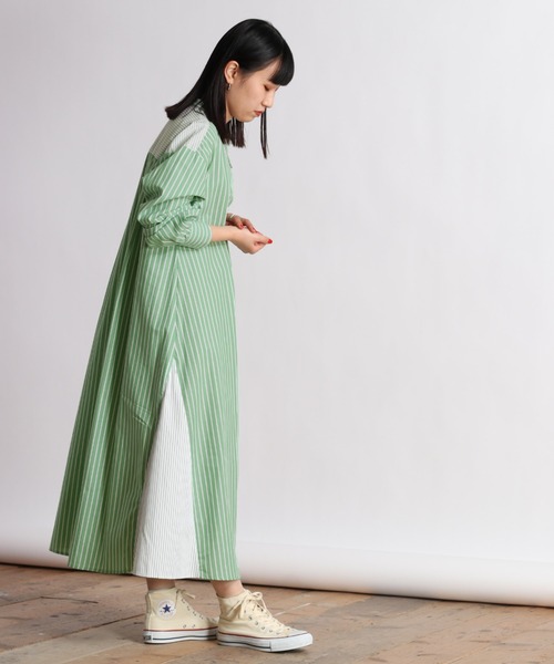 cepo（セポ）の「クレイジーパターン ストライプシャツワンピース（シャツワンピース・レディース・オフホワイト/グリーン系/ブルー系・M）」の3枚目の写真