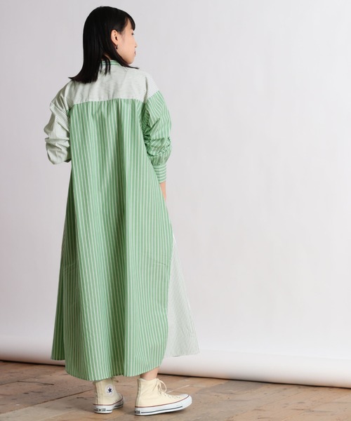 cepo（セポ）の「クレイジーパターン ストライプシャツワンピース（シャツワンピース・レディース・オフホワイト/グリーン系/ブルー系・M）」の4枚目の写真