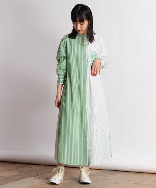 cepo（セポ）の「クレイジーパターン ストライプシャツワンピース（シャツワンピース・レディース・オフホワイト/グリーン系/ブルー系・M）」の10枚目の写真