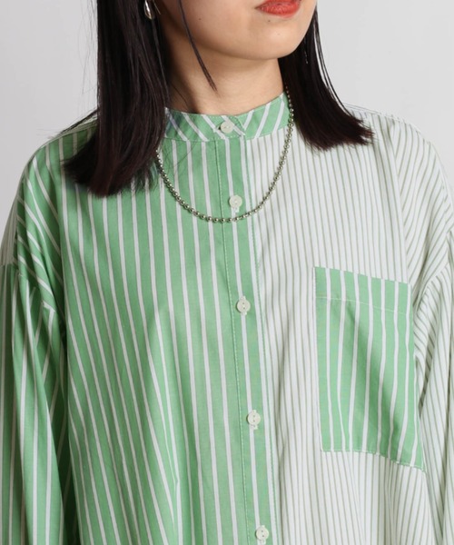 cepo（セポ）の「クレイジーパターン ストライプシャツワンピース（シャツワンピース・レディース・オフホワイト/グリーン系/ブルー系・M）」の6枚目の写真