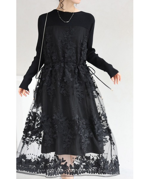 黒 美しく浮き立つレースベールの異素材切り替えミディアムワンピース ワンピース Cawaii カワイイ のファッション通販 Zozotown