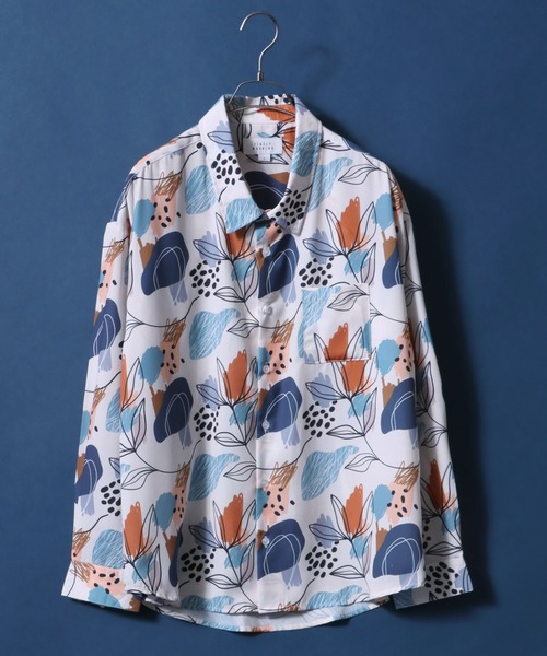 ANPAS（アンパス）の「Satin ＆ Georgette Total Pattern Print Oversize Shirt/サテン＆ジョーゼット 総柄プリント オーバーサイズ とろみシャツ（シャツ/ブラウス・メンズ・チャコールグレー/ブラック/ベージュ/ブラウン/オフホワイト/グリーン/アイボリー/ブルーグレー/ブラック系その他/ワイン/ホワイト系その他/ブルー系その他・M/L/LL）」の3枚目の写真