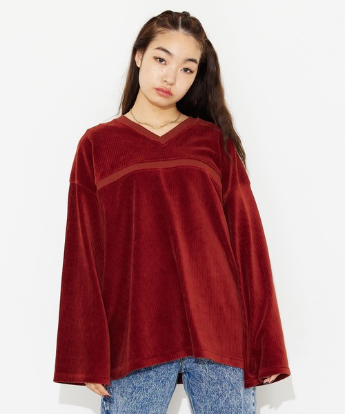 X-girl（エックスガール）の「RIB V-NECK TOP（Tシャツ/カットソー・レディース・ブラック/ブラウン/グレー・S/M）」の20枚目の写真