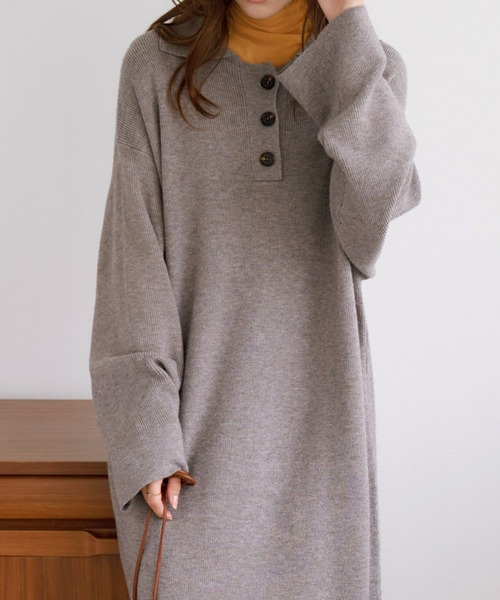 Chaco closet（チャコ クローゼット）の「ポロニットボリュームスリーブワンピース（ワンピース・レディース・ネイビー/グリーン/杢グレー/ワイン/ブラック・FREE）」の3枚目の写真