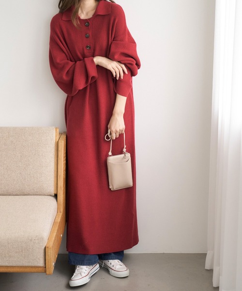 Chaco closet（チャコ クローゼット）の「ポロニットボリュームスリーブワンピース（ワンピース・レディース・ネイビー/グリーン/杢グレー/ワイン/ブラック・FREE）」の5枚目の写真