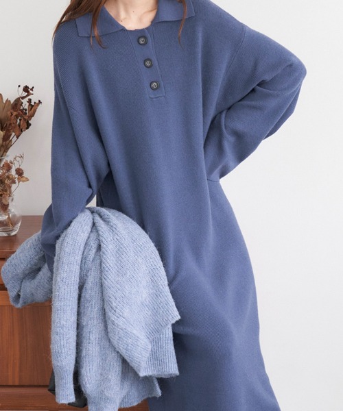 Chaco closet（チャコ クローゼット）の「ポロニットボリュームスリーブワンピース（ワンピース・レディース・ネイビー/グリーン/杢グレー/ワイン/ブラック・FREE）」の6枚目の写真