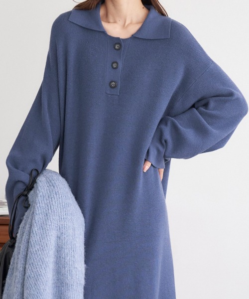 Chaco closet（チャコ クローゼット）の「ポロニットボリュームスリーブワンピース（ワンピース・レディース・ネイビー/グリーン/杢グレー/ワイン/ブラック・FREE）」の7枚目の写真