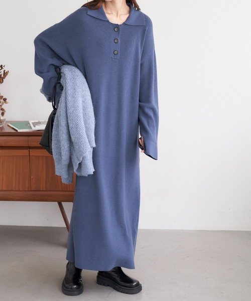 Chaco closet（チャコ クローゼット）の「ポロニットボリュームスリーブワンピース（ワンピース・レディース・ネイビー/グリーン/杢グレー/ワイン/ブラック・FREE）」の10枚目の写真