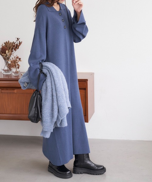 Chaco closet（チャコ クローゼット）の「ポロニットボリュームスリーブワンピース（ワンピース・レディース・ネイビー/グリーン/杢グレー/ワイン/ブラック・FREE）」の12枚目の写真